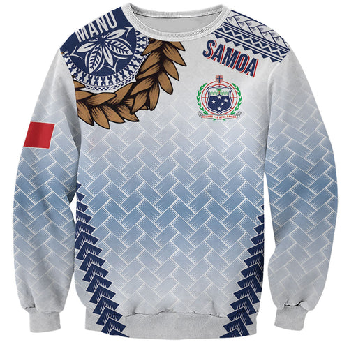 Manu Samoa Rugby Custom White Sweatshirt ʻIe Toga Pattern With Brown Ula fala