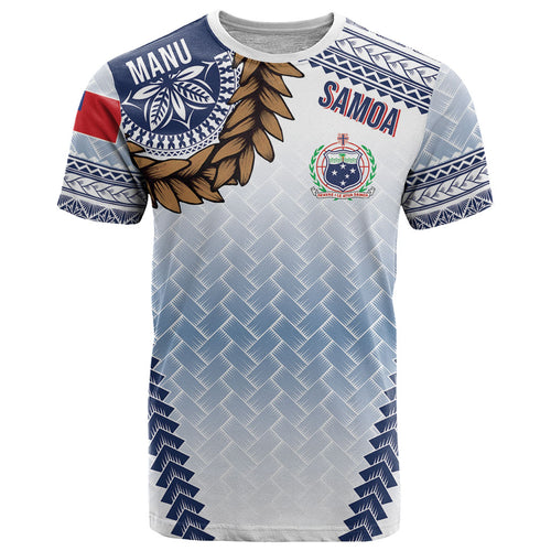 Manu Samoa Rugby Custom White T Shirt ʻIe Toga Pattern With Brown Ula fala