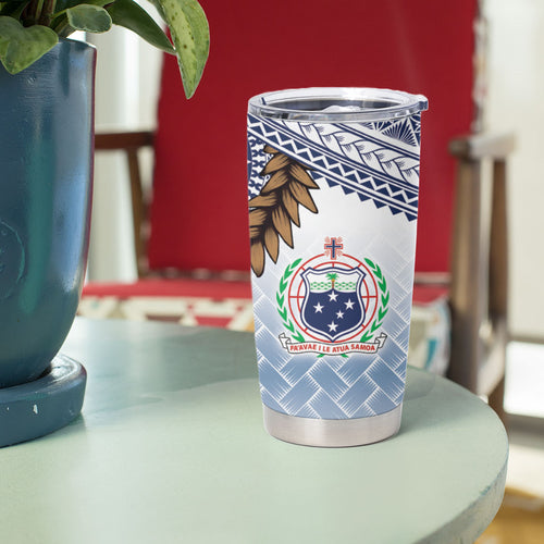 Manu Samoa Rugby Custom White Tumbler Cup ʻIe Toga Pattern With Brown Ula fala