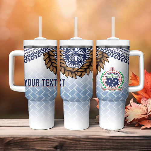 Manu Samoa Rugby Custom White Tumbler With Handle ʻIe Toga Pattern With Brown Ula fala