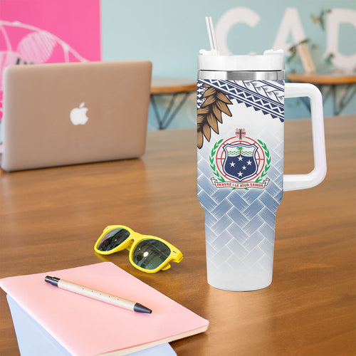 Manu Samoa Rugby Custom White Tumbler With Handle ʻIe Toga Pattern With Brown Ula fala