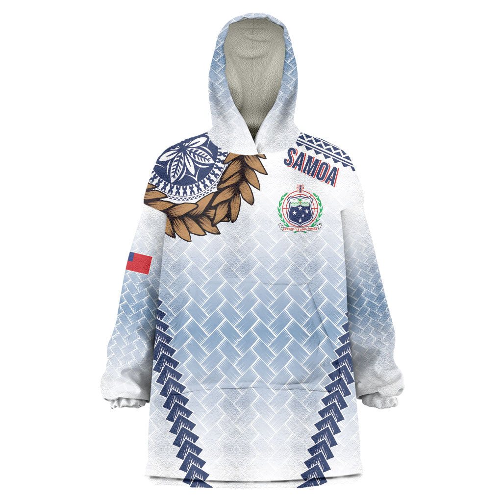 Manu Samoa Rugby Custom White Wearable Blanket Hoodie ʻIe Toga Pattern With Brown Ula fala