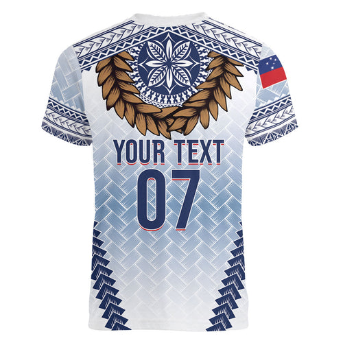 Manu Samoa Rugby Custom White Women V-Neck T-Shirt ʻIe Toga Pattern With Brown Ula fala