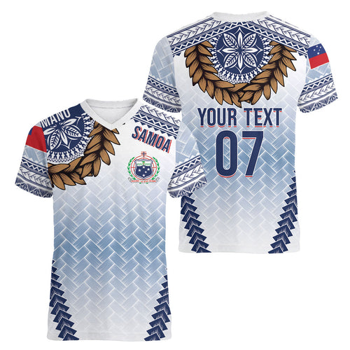 Manu Samoa Rugby Custom White Women V-Neck T-Shirt ʻIe Toga Pattern With Brown Ula fala