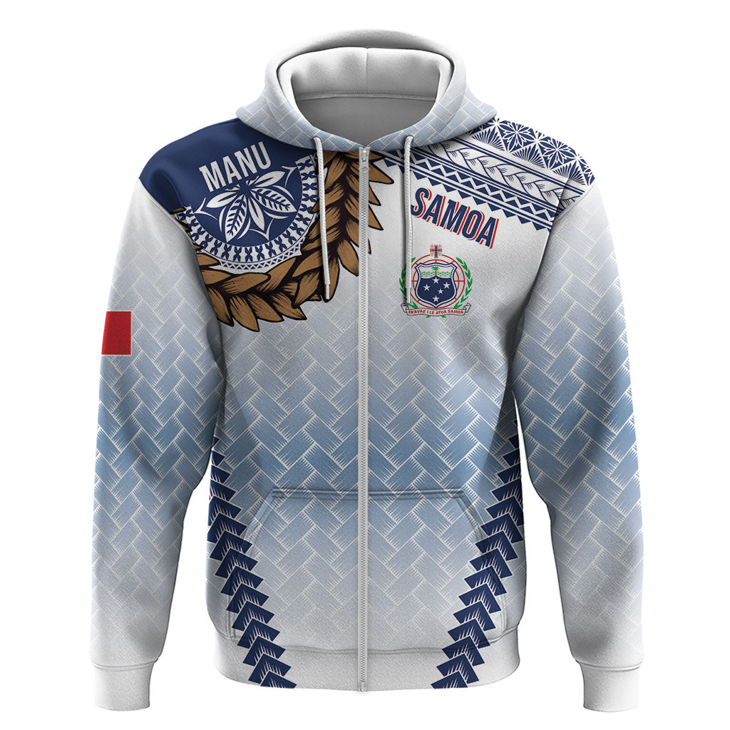 Manu Samoa Rugby Custom White Zip Hoodie ʻIe Toga Pattern With Brown Ula fala