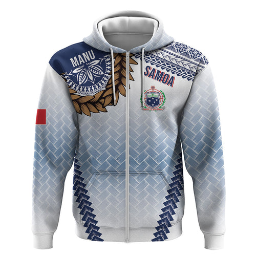 Manu Samoa Rugby Custom White Zip Hoodie ʻIe Toga Pattern With Brown Ula fala