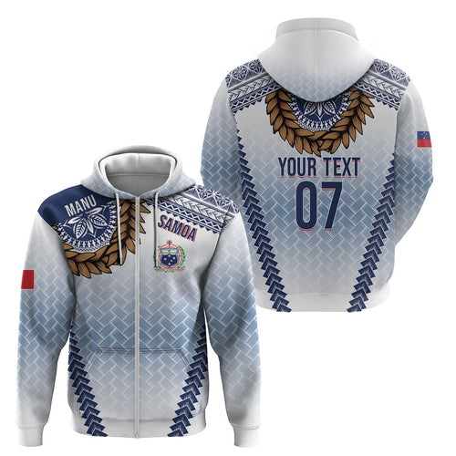 Manu Samoa Rugby Custom White Zip Hoodie ʻIe Toga Pattern With Brown Ula fala