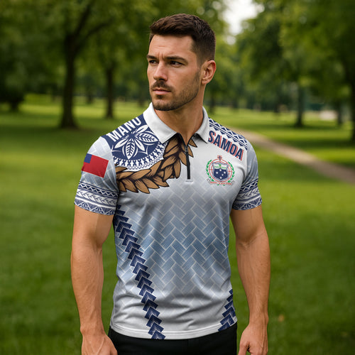 Manu Samoa Rugby Custom White Zipper Polo Shirt ʻIe Toga Pattern With Brown Ula fala
