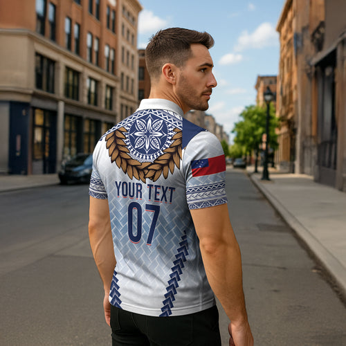 Manu Samoa Rugby Custom White Zipper Polo Shirt ʻIe Toga Pattern With Brown Ula fala