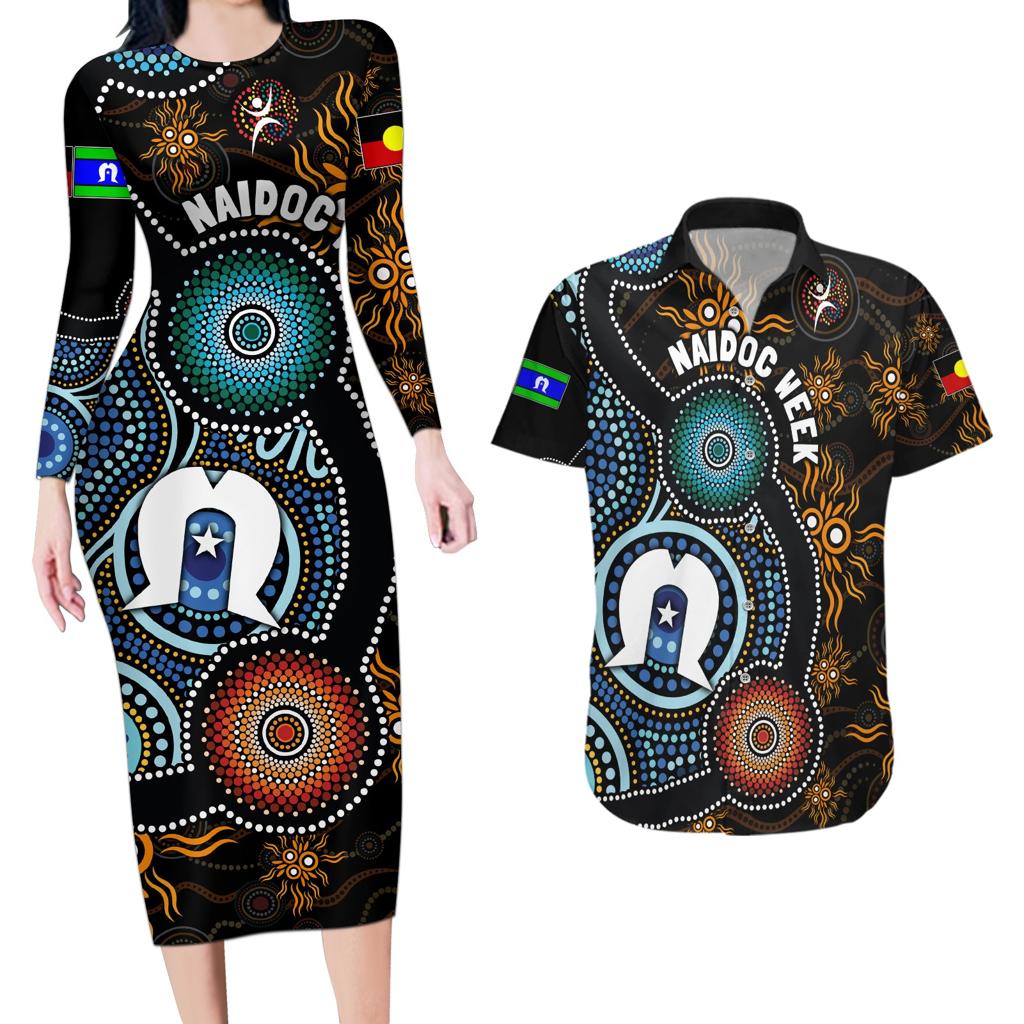 NAIDOC Week 2024 Aussie Aboriginal Couples Matching Long Sleeve Bodycon Dress and Hawaiian Shirt Sparks of Fire