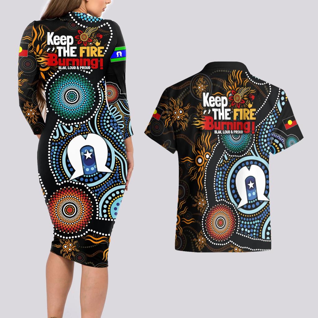 NAIDOC Week 2024 Aussie Aboriginal Couples Matching Long Sleeve Bodycon Dress and Hawaiian Shirt Sparks of Fire