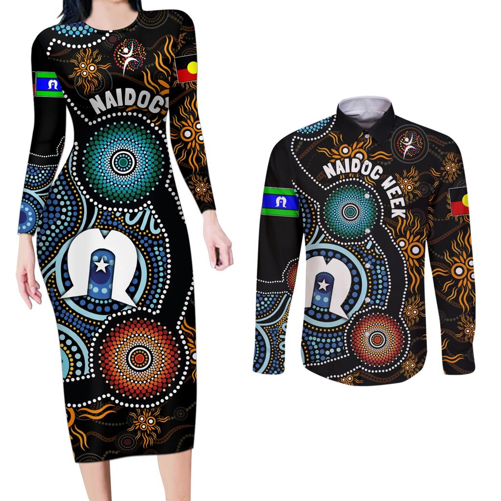 NAIDOC Week 2024 Aussie Aboriginal Couples Matching Long Sleeve Bodycon Dress and Long Sleeve Button Shirt Sparks of Fire