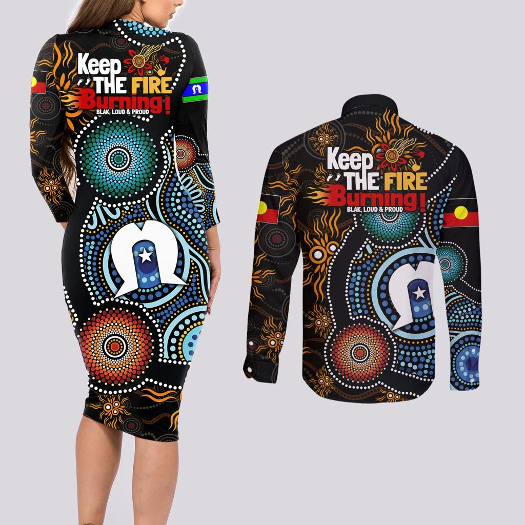 NAIDOC Week 2024 Aussie Aboriginal Couples Matching Long Sleeve Bodycon Dress and Long Sleeve Button Shirt Sparks of Fire