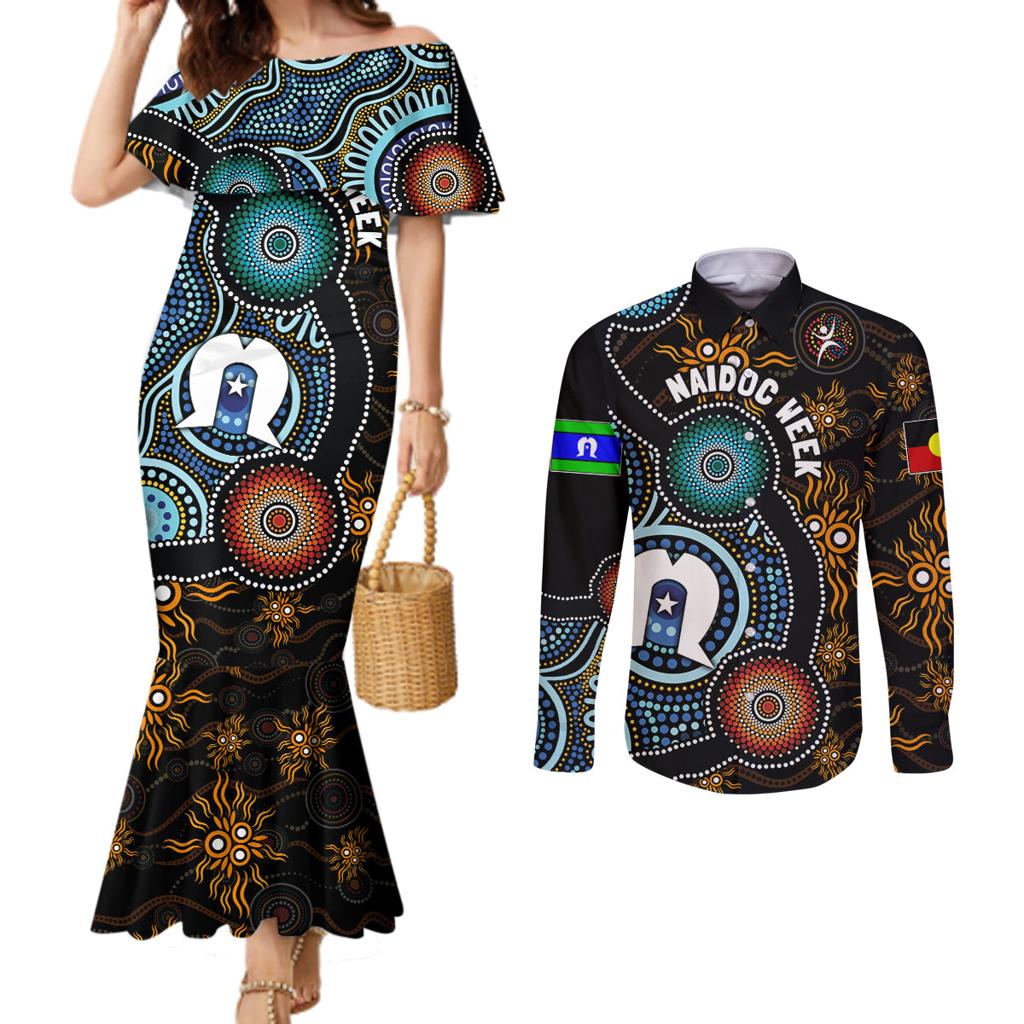 NAIDOC Week 2024 Aussie Aboriginal Couples Matching Mermaid Dress and Long Sleeve Button Shirt Sparks of Fire