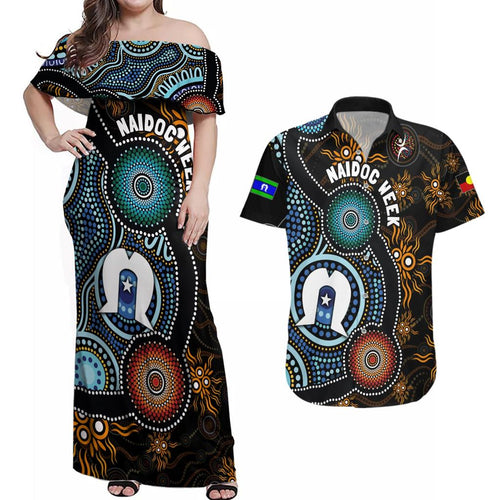 NAIDOC Week 2024 Aussie Aboriginal Couples Matching Off Shoulder Maxi Dress and Hawaiian Shirt Sparks of Fire