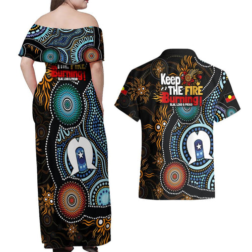 NAIDOC Week 2024 Aussie Aboriginal Couples Matching Off Shoulder Maxi Dress and Hawaiian Shirt Sparks of Fire