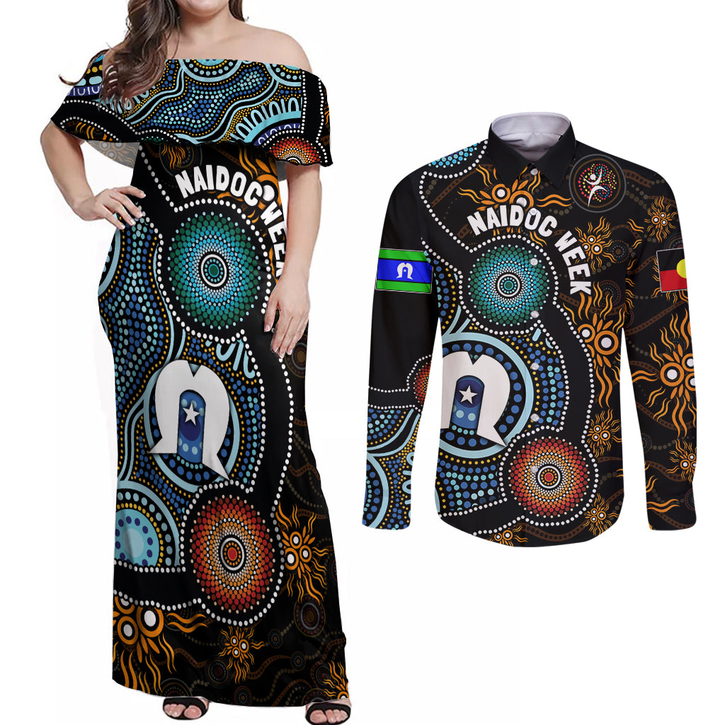 NAIDOC Week 2024 Aussie Aboriginal Couples Matching Off Shoulder Maxi Dress and Long Sleeve Button Shirt Sparks of Fire