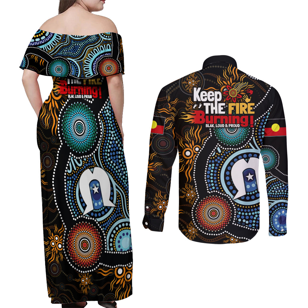 NAIDOC Week 2024 Aussie Aboriginal Couples Matching Off Shoulder Maxi Dress and Long Sleeve Button Shirt Sparks of Fire