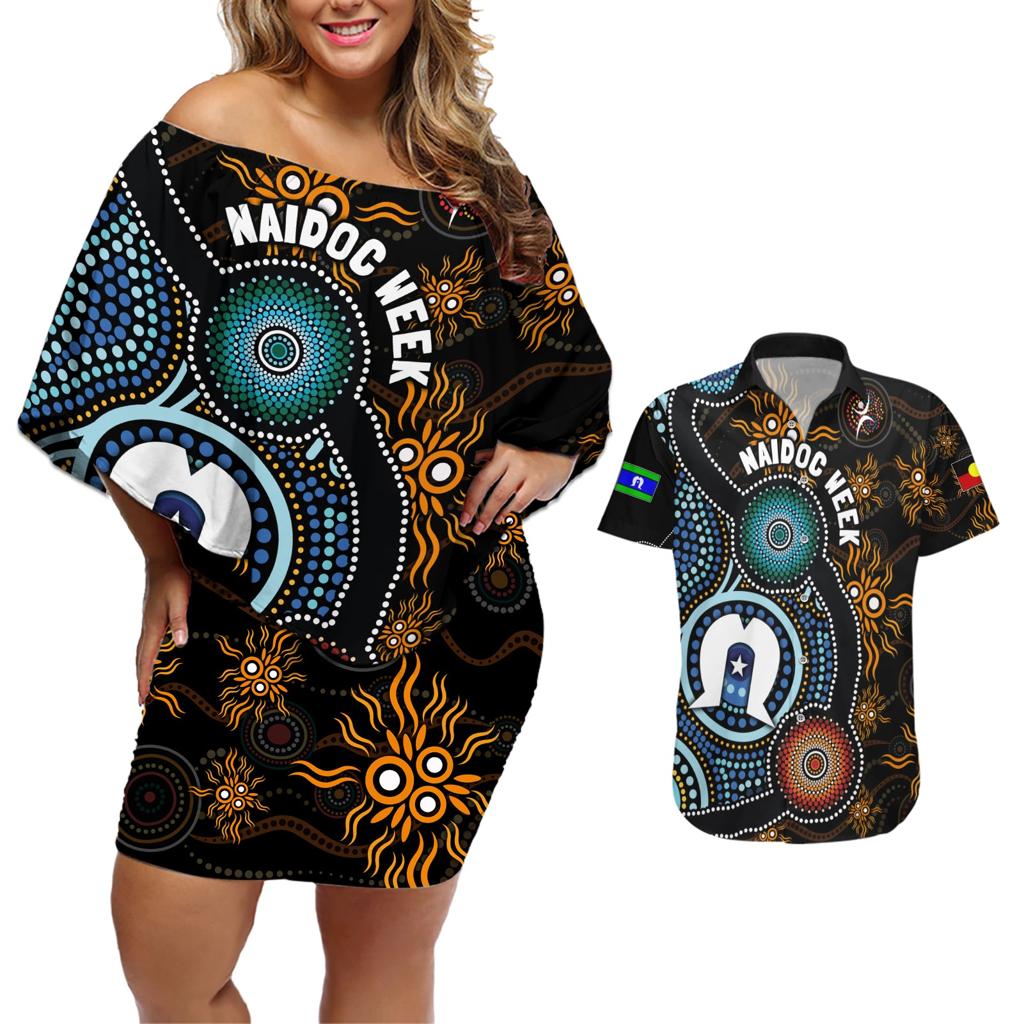 NAIDOC Week 2024 Aussie Aboriginal Couples Matching Off Shoulder Short Dress and Hawaiian Shirt Sparks of Fire