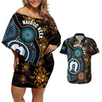 NAIDOC Week 2024 Aussie Aboriginal Couples Matching Off Shoulder Short Dress and Hawaiian Shirt Sparks of Fire