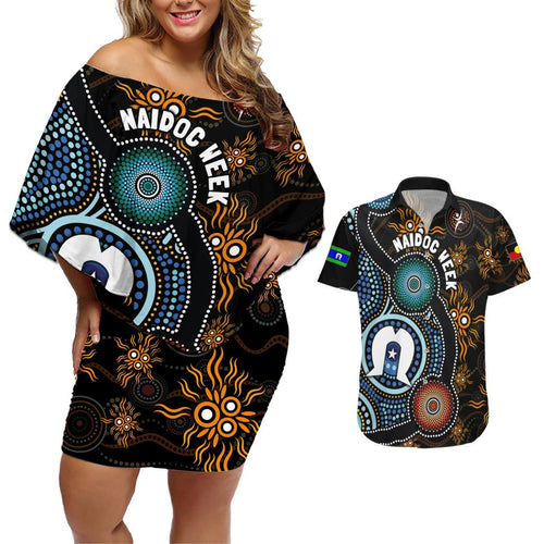 NAIDOC Week 2024 Aussie Aboriginal Couples Matching Off Shoulder Short Dress and Hawaiian Shirt Sparks of Fire