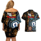 NAIDOC Week 2024 Aussie Aboriginal Couples Matching Off Shoulder Short Dress and Hawaiian Shirt Sparks of Fire