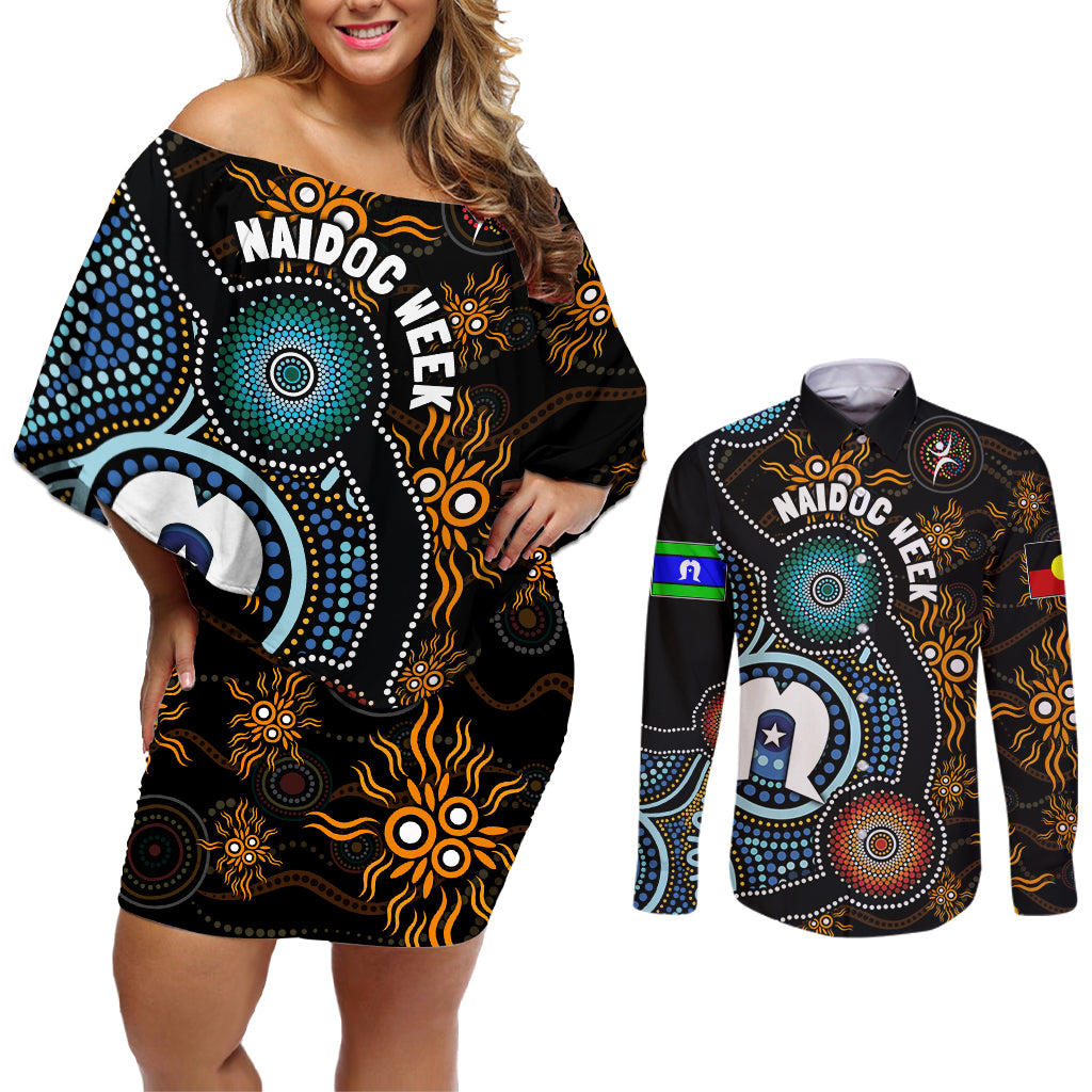 NAIDOC Week 2024 Aussie Aboriginal Couples Matching Off Shoulder Short Dress and Long Sleeve Button Shirt Sparks of Fire