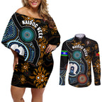 NAIDOC Week 2024 Aussie Aboriginal Couples Matching Off Shoulder Short Dress and Long Sleeve Button Shirt Sparks of Fire