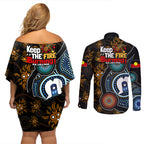 NAIDOC Week 2024 Aussie Aboriginal Couples Matching Off Shoulder Short Dress and Long Sleeve Button Shirt Sparks of Fire