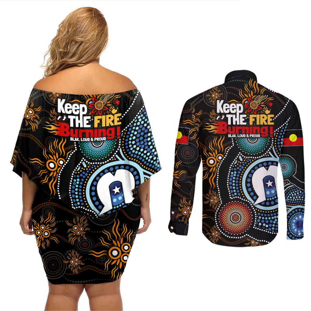 NAIDOC Week 2024 Aussie Aboriginal Couples Matching Off Shoulder Short Dress and Long Sleeve Button Shirt Sparks of Fire