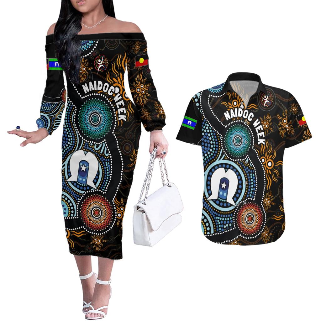NAIDOC Week 2024 Aussie Aboriginal Couples Matching Off The Shoulder Long Sleeve Dress and Hawaiian Shirt Sparks of Fire