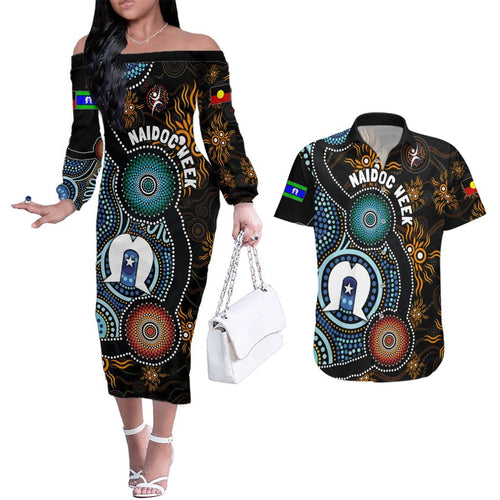 NAIDOC Week 2024 Aussie Aboriginal Couples Matching Off The Shoulder Long Sleeve Dress and Hawaiian Shirt Sparks of Fire