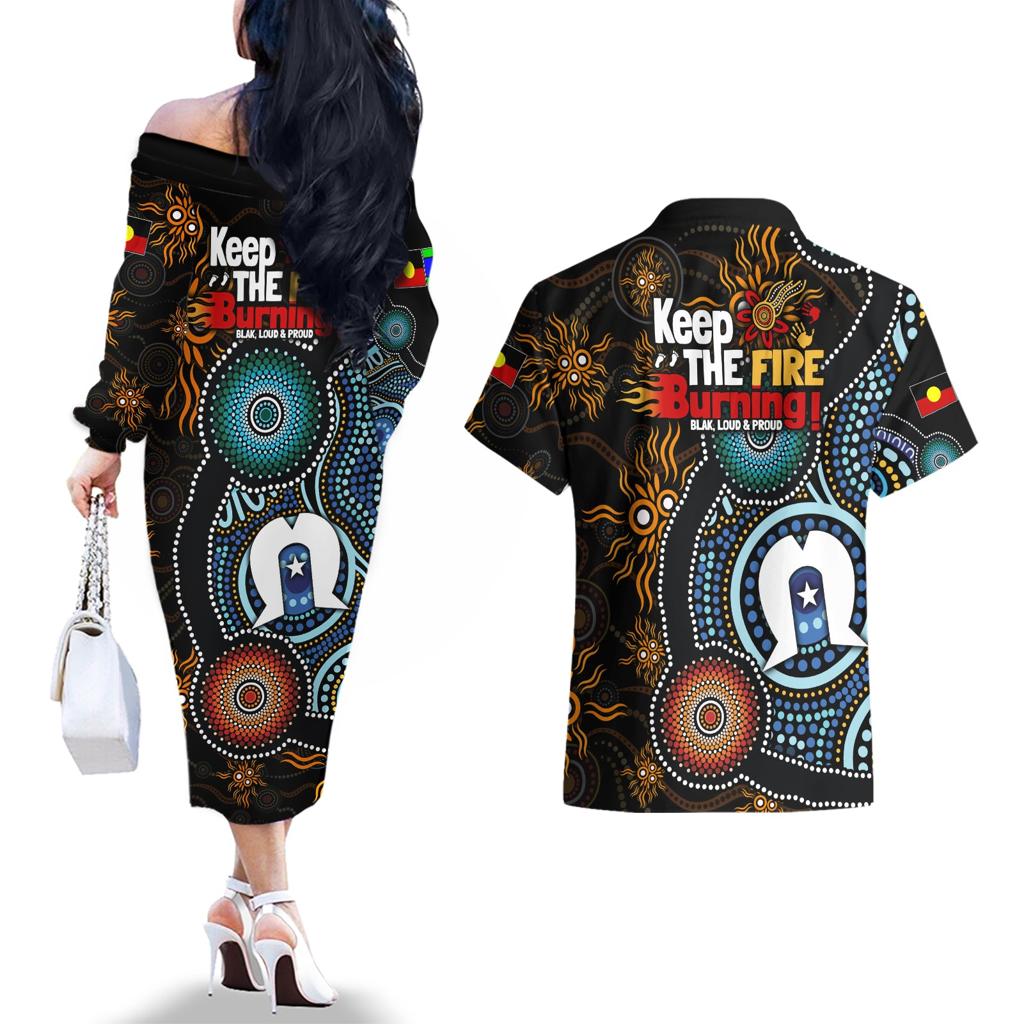 NAIDOC Week 2024 Aussie Aboriginal Couples Matching Off The Shoulder Long Sleeve Dress and Hawaiian Shirt Sparks of Fire
