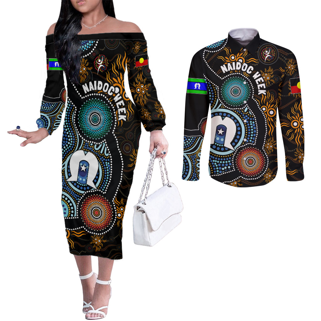 NAIDOC Week 2024 Aussie Aboriginal Couples Matching Off The Shoulder Long Sleeve Dress and Long Sleeve Button Shirt Sparks of Fire