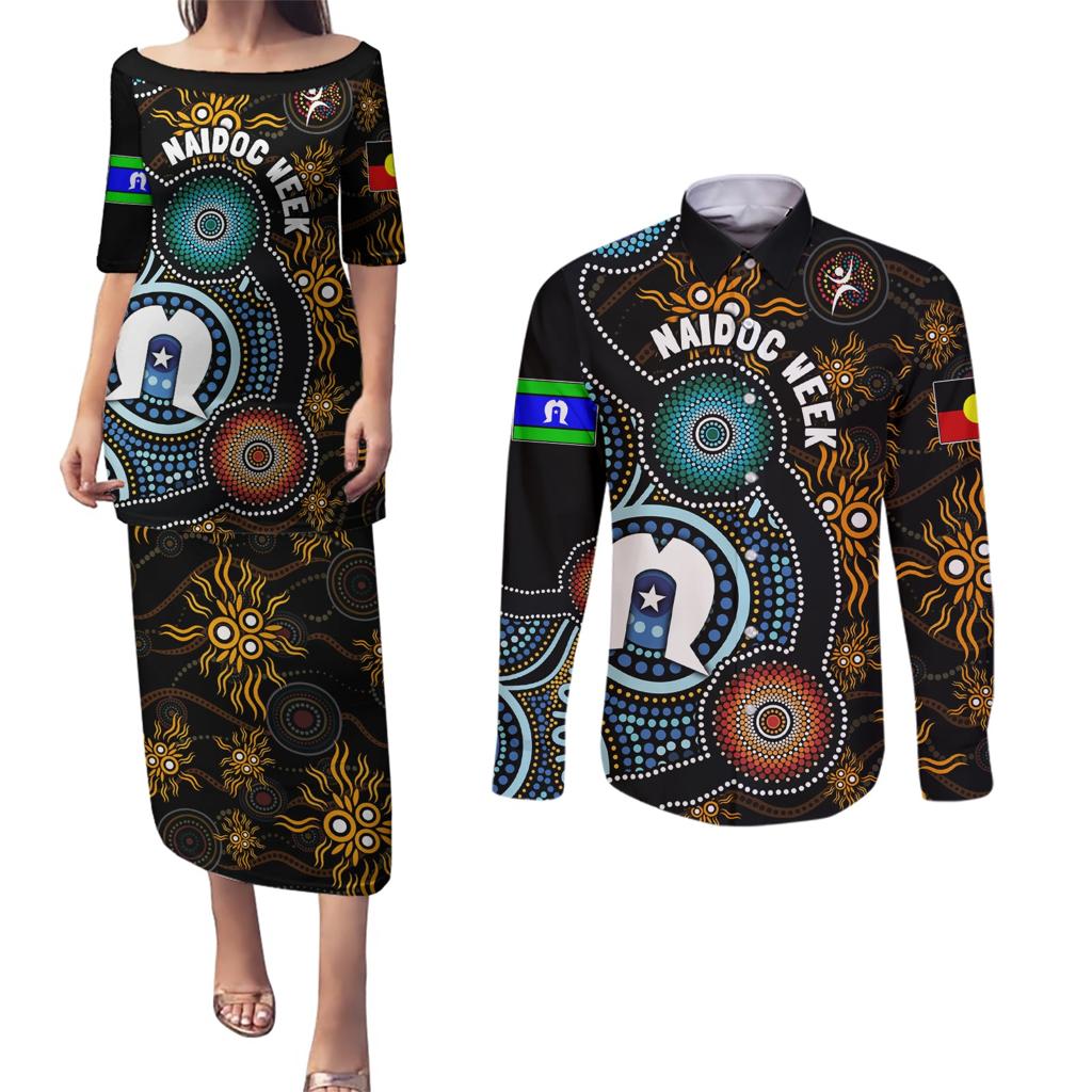 NAIDOC Week 2024 Aussie Aboriginal Couples Matching Puletasi and Long Sleeve Button Shirt Sparks of Fire