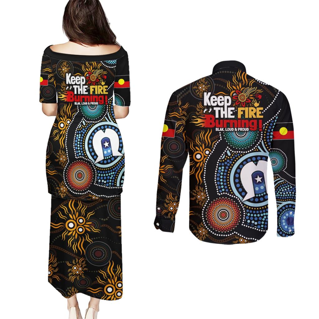 NAIDOC Week 2024 Aussie Aboriginal Couples Matching Puletasi and Long Sleeve Button Shirt Sparks of Fire