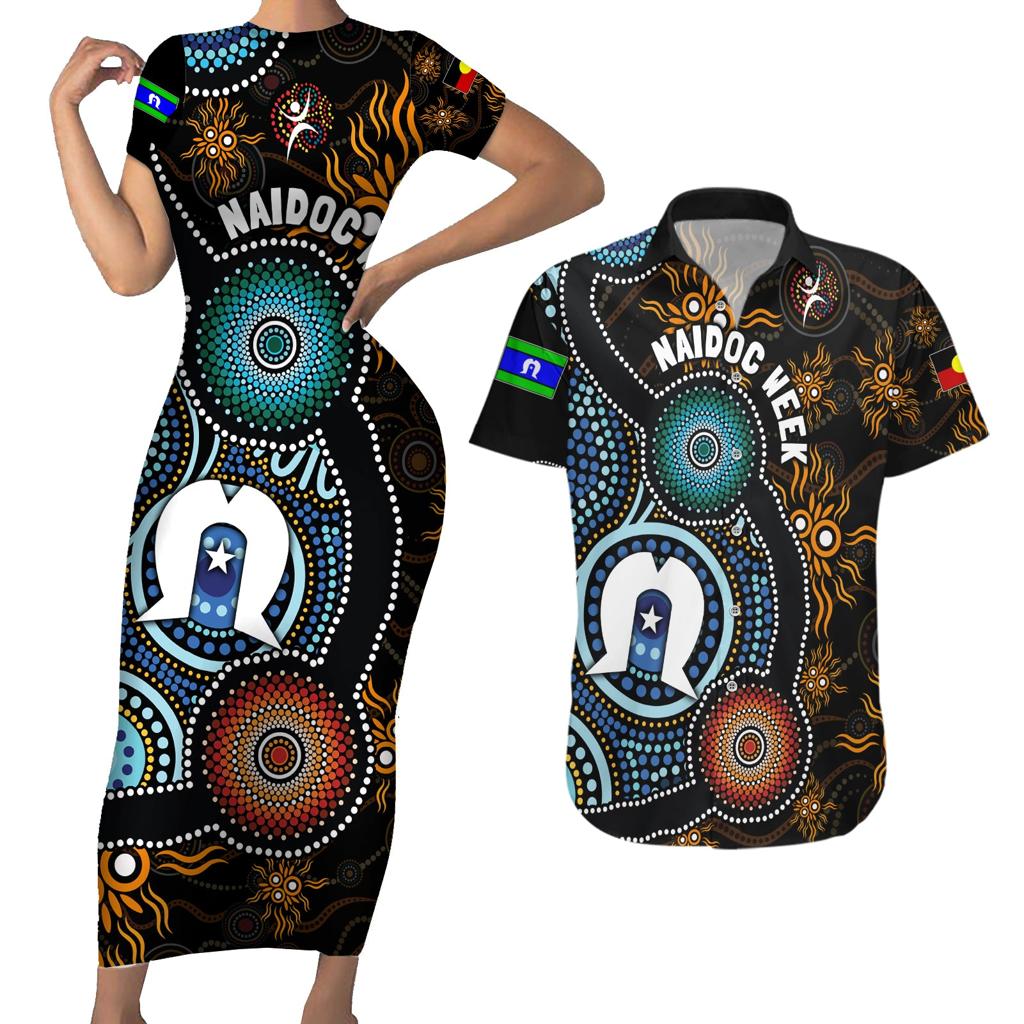 NAIDOC Week 2024 Aussie Aboriginal Couples Matching Short Sleeve Bodycon Dress and Hawaiian Shirt Sparks of Fire