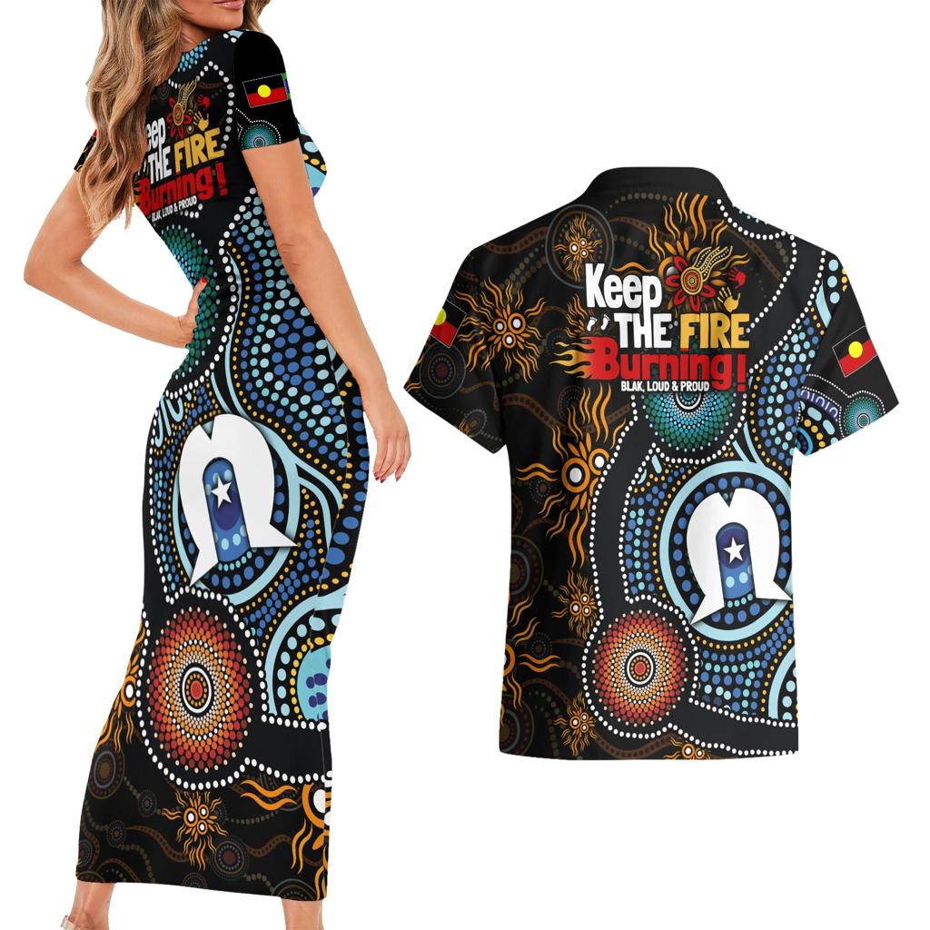 NAIDOC Week 2024 Aussie Aboriginal Couples Matching Short Sleeve Bodycon Dress and Hawaiian Shirt Sparks of Fire