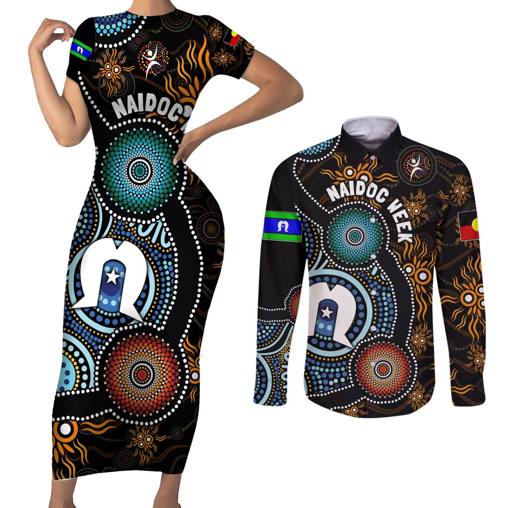 NAIDOC Week 2024 Aussie Aboriginal Couples Matching Short Sleeve Bodycon Dress and Long Sleeve Button Shirt Sparks of Fire
