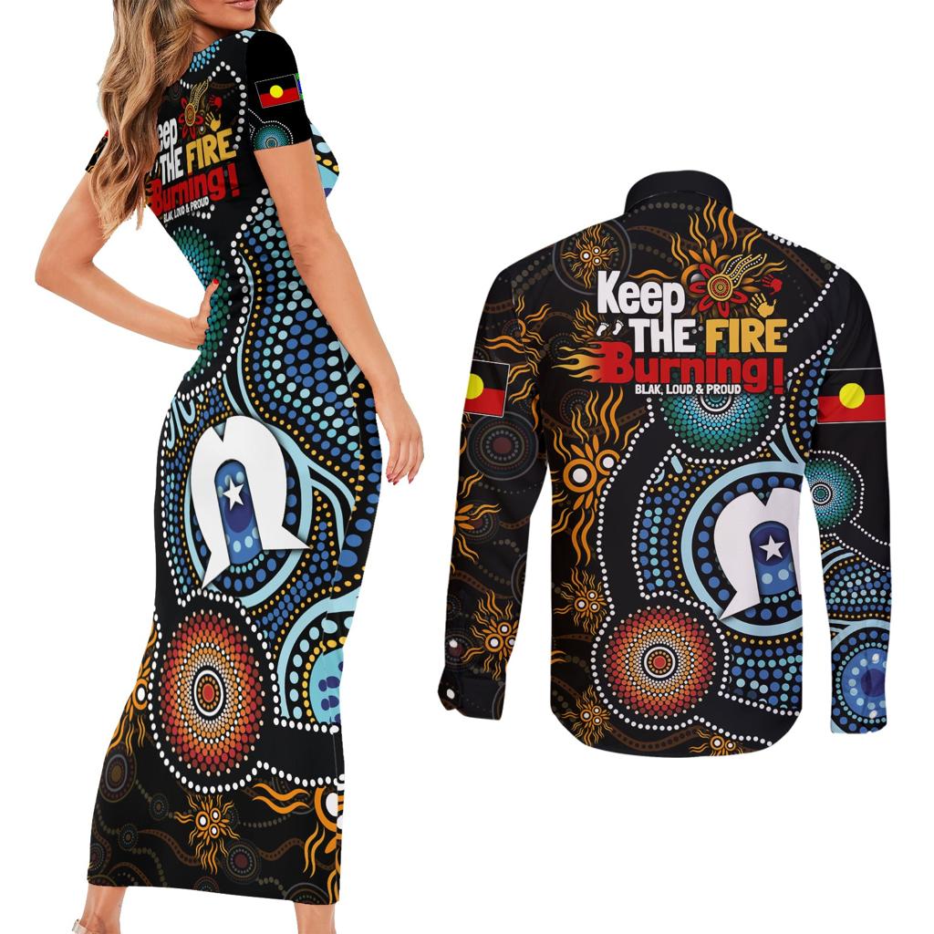 NAIDOC Week 2024 Aussie Aboriginal Couples Matching Short Sleeve Bodycon Dress and Long Sleeve Button Shirt Sparks of Fire