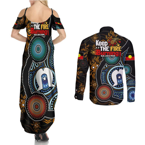 NAIDOC Week 2024 Aussie Aboriginal Couples Matching Summer Maxi Dress and Long Sleeve Button Shirt Sparks of Fire