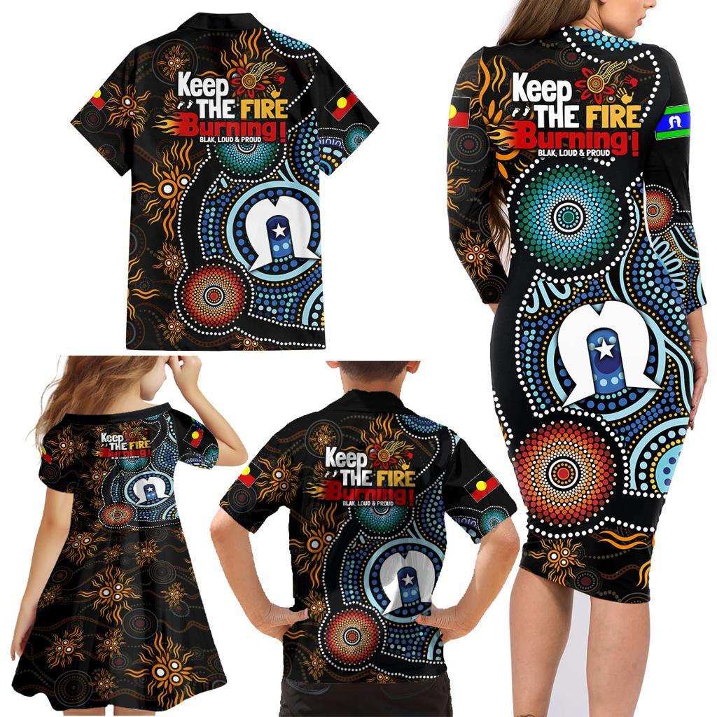NAIDOC Week 2024 Aussie Aboriginal Family Matching Long Sleeve Bodycon Dress and Hawaiian Shirt Sparks of Fire