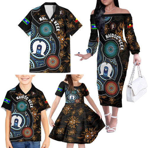 NAIDOC Week 2024 Aussie Aboriginal Family Matching Off Shoulder Long Sleeve Dress and Hawaiian Shirt Sparks of Fire