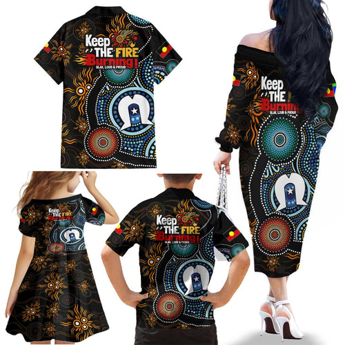 NAIDOC Week 2024 Aussie Aboriginal Family Matching Off Shoulder Long Sleeve Dress and Hawaiian Shirt Sparks of Fire