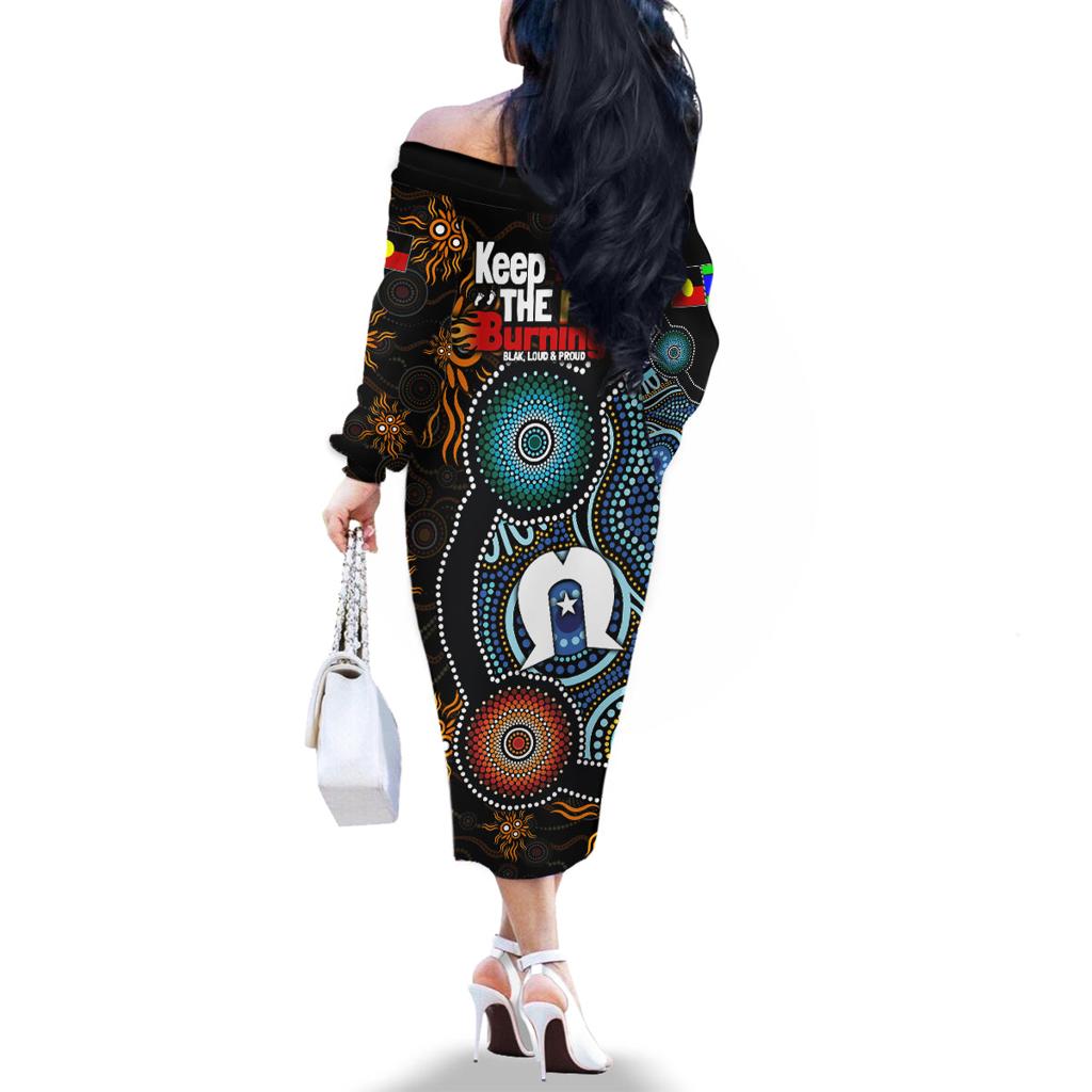 NAIDOC Week 2024 Aussie Aboriginal Family Matching Off Shoulder Long Sleeve Dress and Hawaiian Shirt Sparks of Fire
