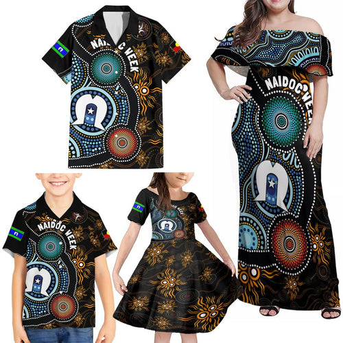NAIDOC Week 2024 Aussie Aboriginal Family Matching Off Shoulder Maxi Dress and Hawaiian Shirt Sparks of Fire
