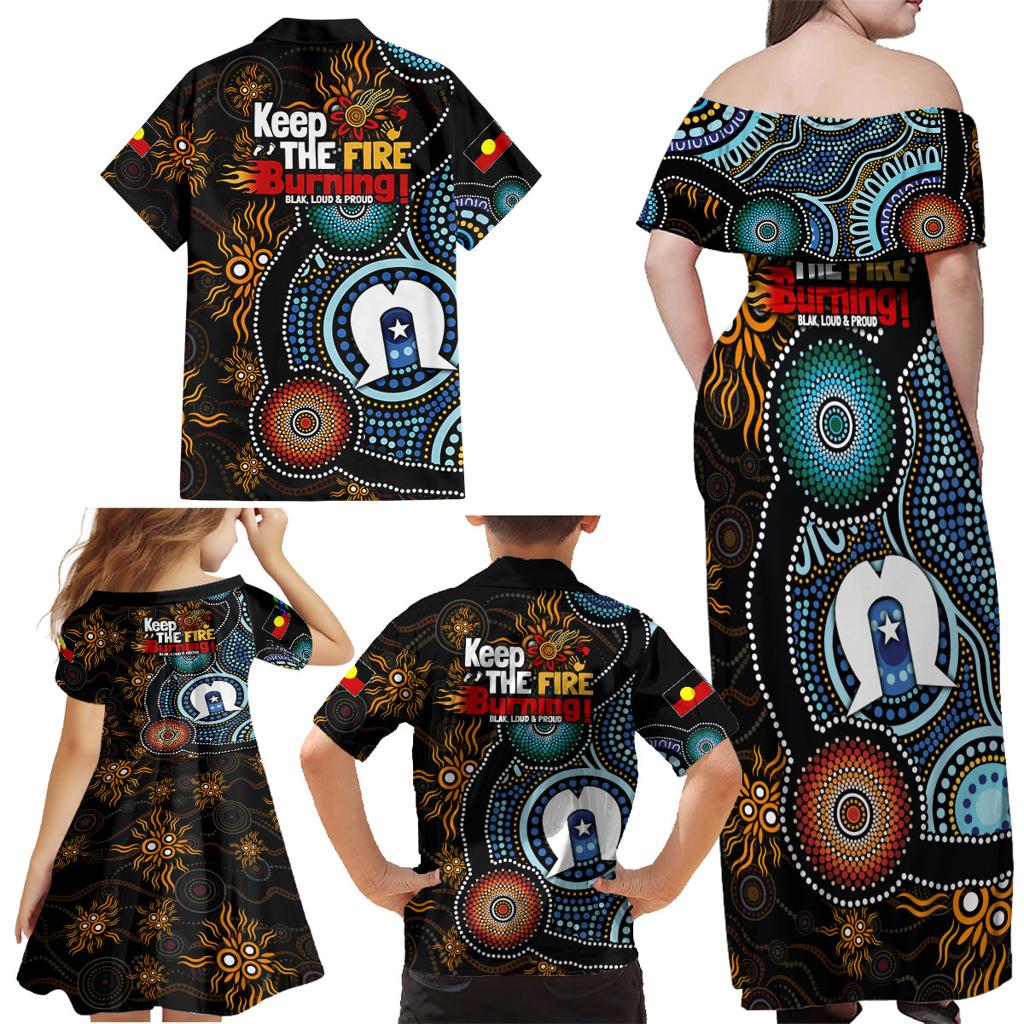NAIDOC Week 2024 Aussie Aboriginal Family Matching Off Shoulder Maxi Dress and Hawaiian Shirt Sparks of Fire