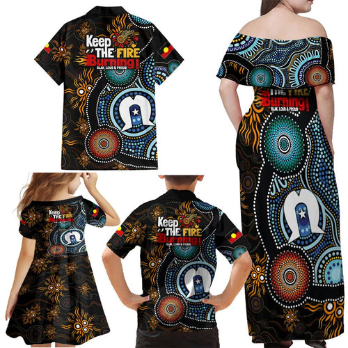 NAIDOC Week 2024 Aussie Aboriginal Family Matching Off Shoulder Maxi Dress and Hawaiian Shirt Sparks of Fire