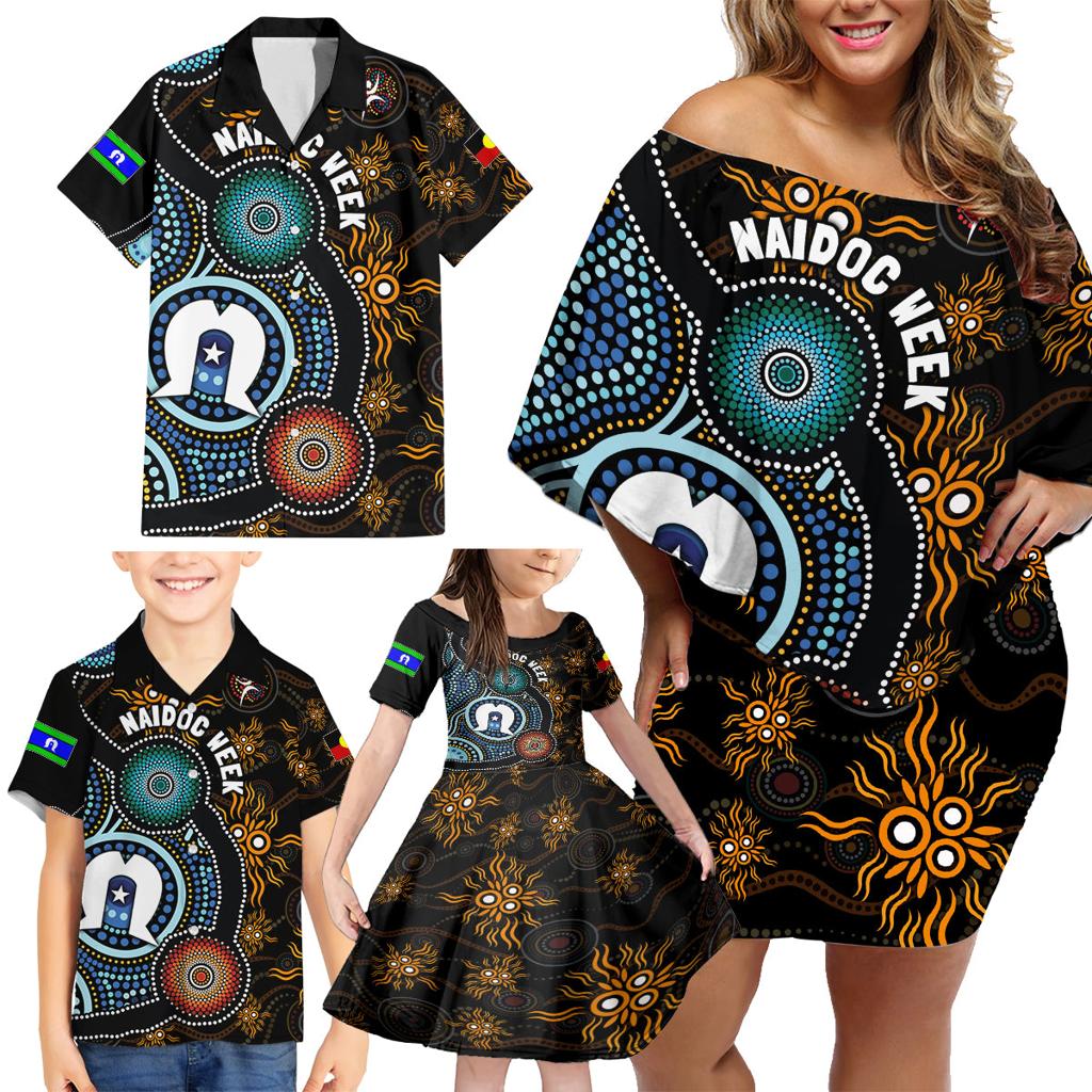 NAIDOC Week 2024 Aussie Aboriginal Family Matching Off Shoulder Short Dress and Hawaiian Shirt Sparks of Fire