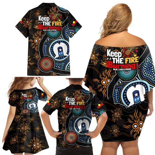 NAIDOC Week 2024 Aussie Aboriginal Family Matching Off Shoulder Short Dress and Hawaiian Shirt Sparks of Fire